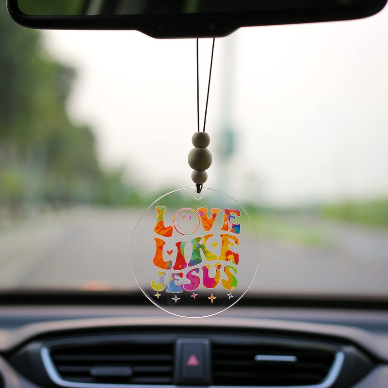 Talataca Christian 2D Flat Car Ornament & Wood Beads  Love Like Jesus  Bible Verse Beaded Rear View Mirror Accessories  Rearview Hanging Charm  Christmas Tree Decor  Religious Gift - Image 1